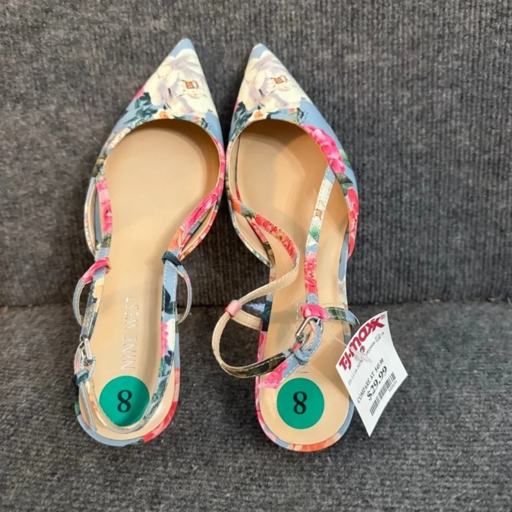 Nine West Womens Floral Slingback Pumps Blue Pink Pointed Toe Kitten Heel 8M NEW